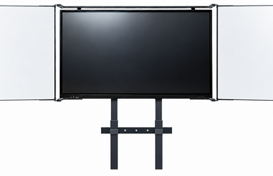 WDV4K: wandmontiertes Display mit geöffneten weißen Tafelflügeln und elektrischer Höhenverstellung